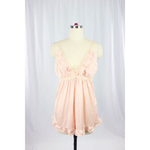 Vintage Other - Vintage 80's LUV LEE Pink Satin Lace Ruffle Babydoll Slip, Size M, Union Made